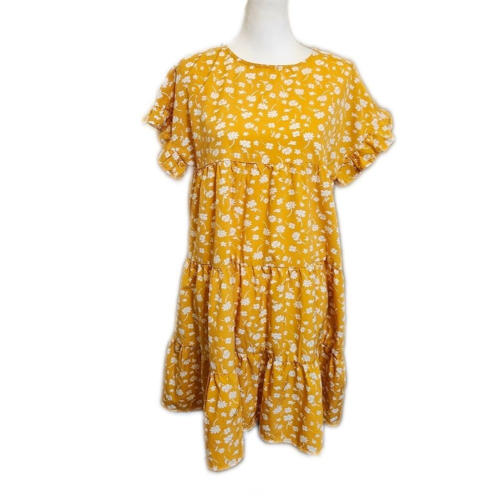 SHEIN mustard yellow babydoll dress with white flowers, ruffled sleeves, M
